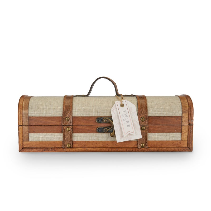 Twine Vintage Trunk Wine Bottle Gift Box, Wood Wine Box with Lid and Handle, Wood, Faux Leather, Brass, Cloth, Holds 1 Bottle - Image 4